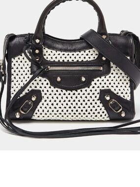 Balenciaga Black/White Leather and Raffia Mini Motorcycle City Bag